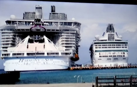 To show the size difference. The Harmony of the Seas docked next to The Vis