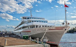 MV Zosima Shashkov in the cruise port about an hour outside the heart of th