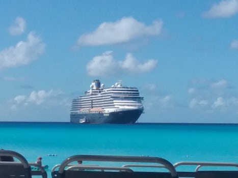 View of ship from Half Moon Cay beach.