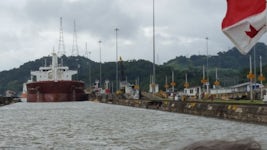 Waiting for the massive tanker to join us in the lock at the Panama canal.