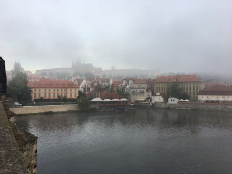 View of Prague Castle from Charles Bridge early A.M. fog