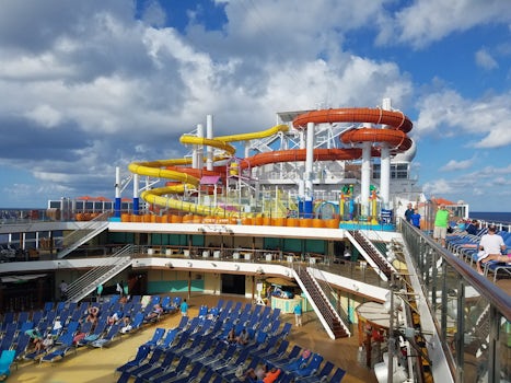 Waterslides, park area with lounge area below.  Decks 10, 11, 12, and hidde