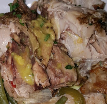 Undercooked chicken in buffet.