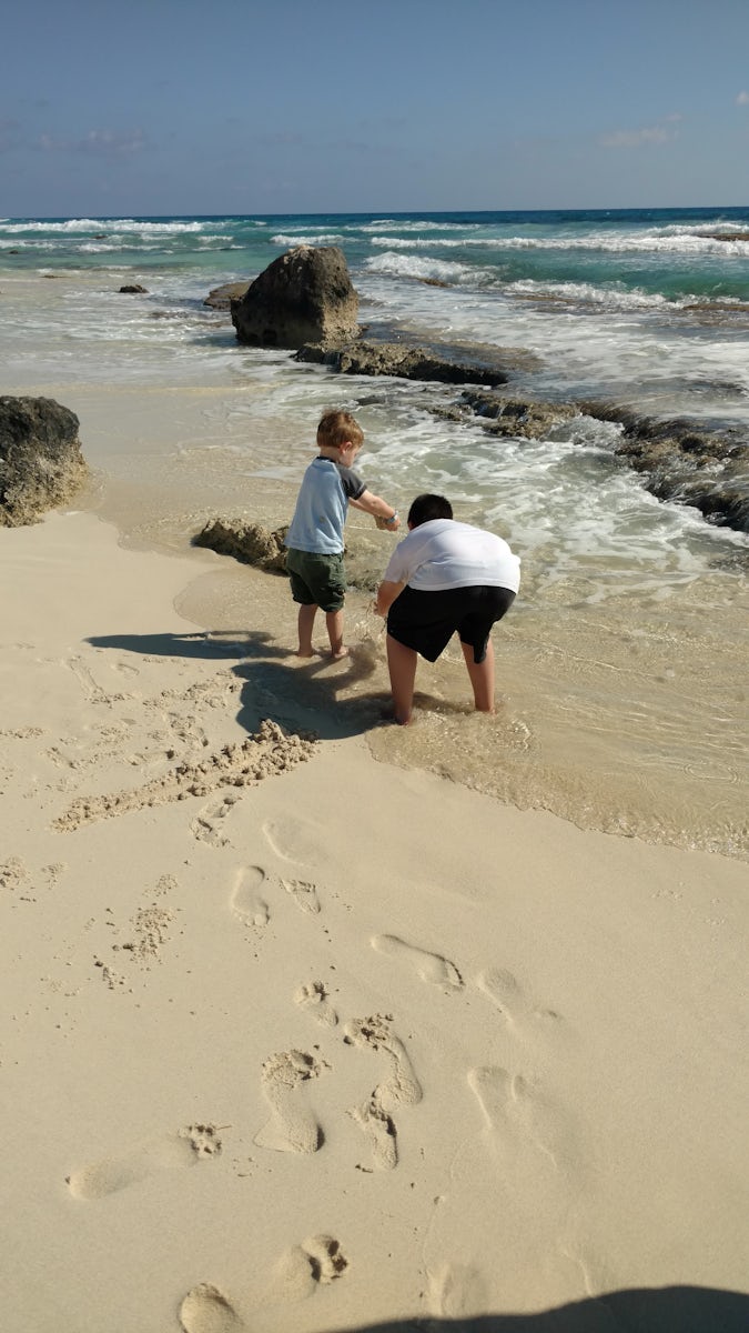 The kids are enjoying a beach stop during our Cozumel Jeep excursion, booked through Viator.  They enjoyed this and the snorkeling we did later was a lot of fun.