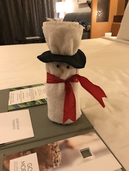 Snowman towel animal on Christmas Eve.