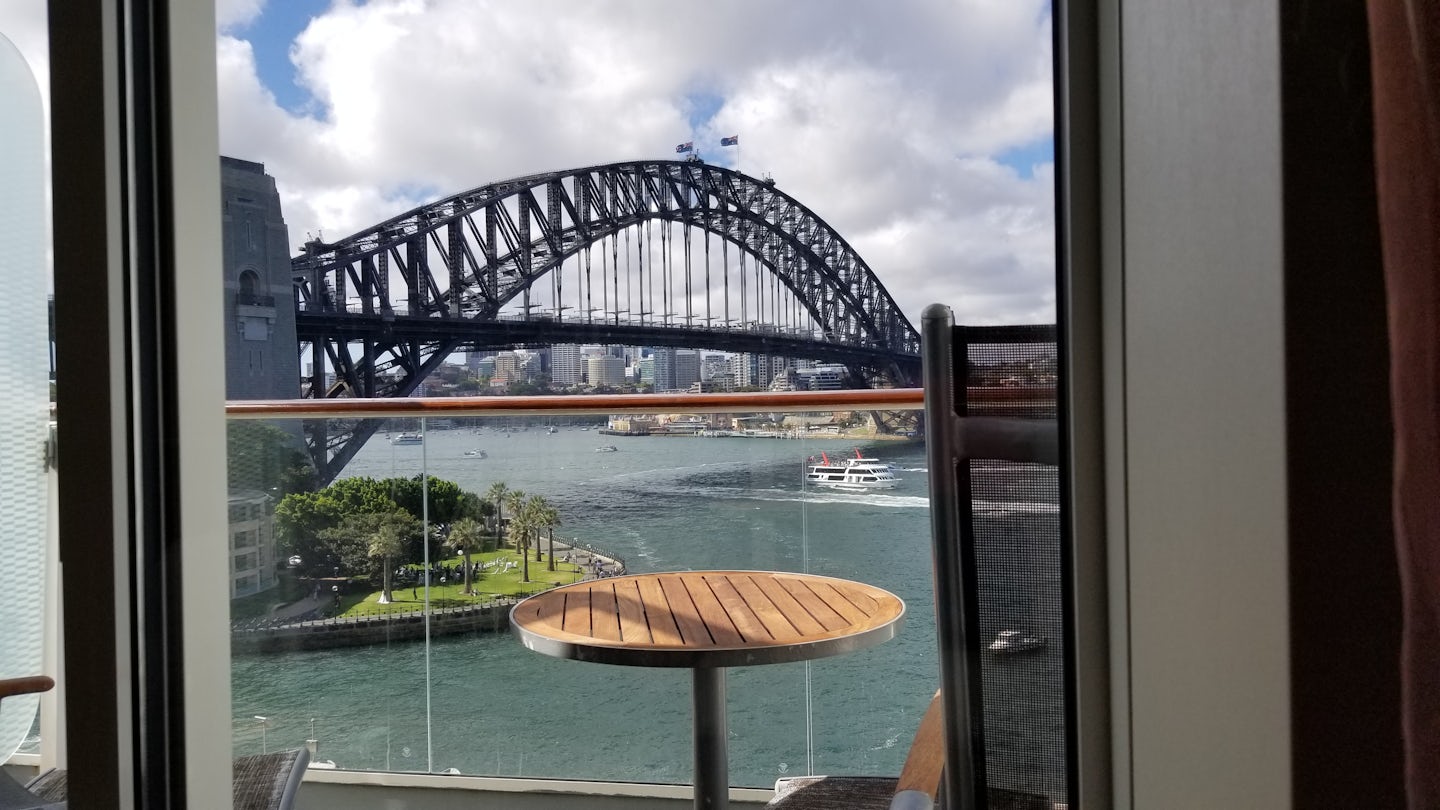 View of Sydney Harbour Bridge from our aft veranda.