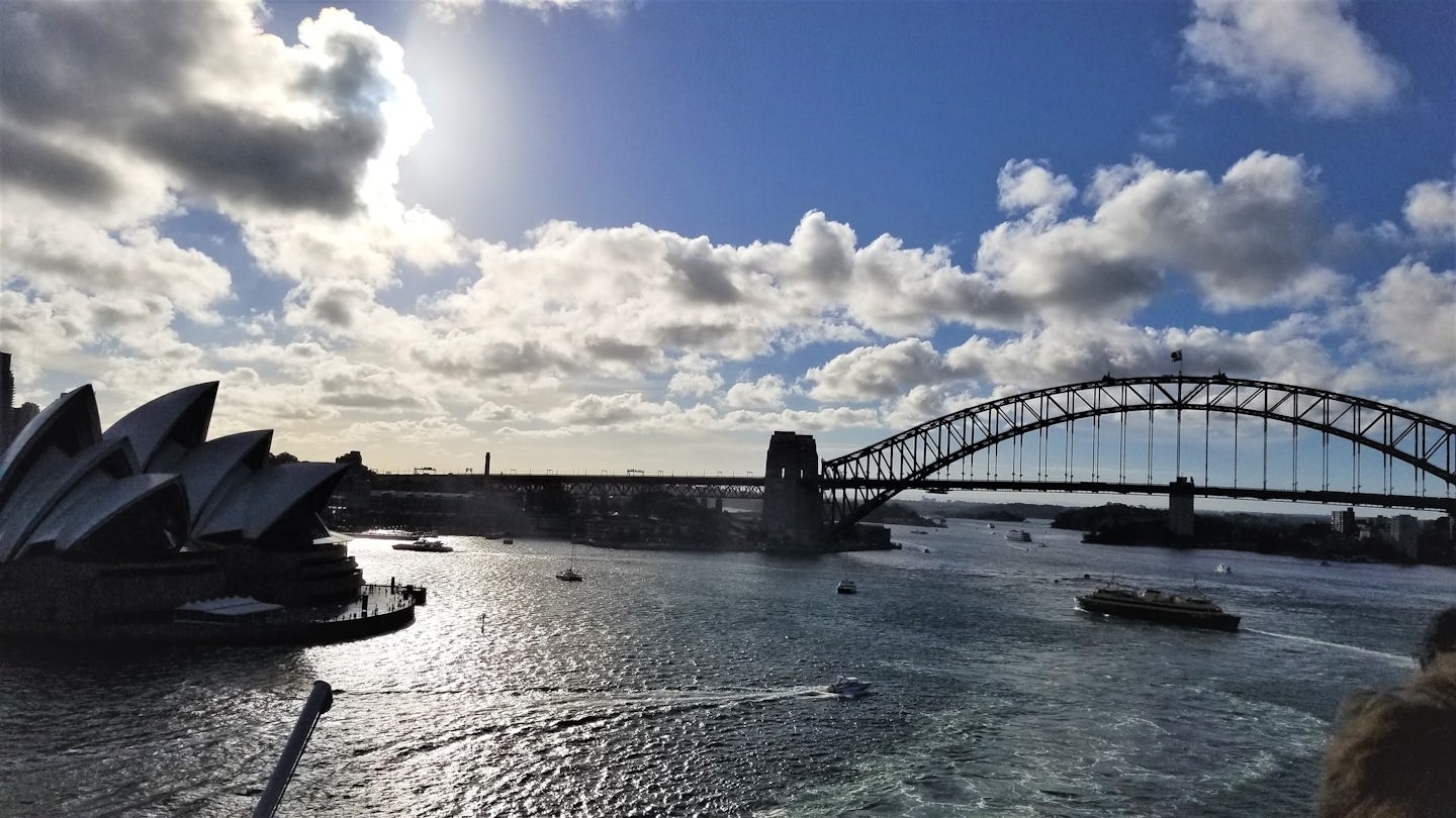 View of Sydney Harbour Bridge and Opera House from our aft veranda.