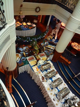 view of Breakfast buffet with egg station as seen from top of Atrium