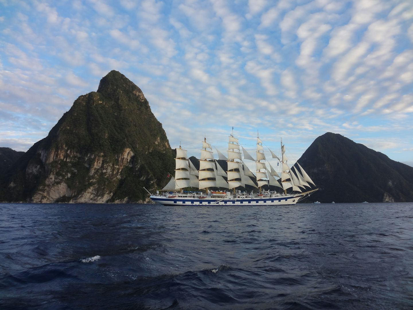 The Royal Clipper in full sail passing the Pitons in St. Lucia, we were in