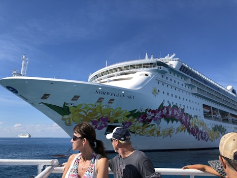 This is a photo of the Norwegian Sky as passangers got off of the boat to a small sail boat to sail to Great Stirrup, Bahamas