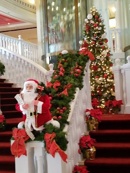 Ships holiday decorated staircase.