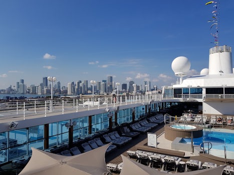 Pool deck with Miami skyline in background