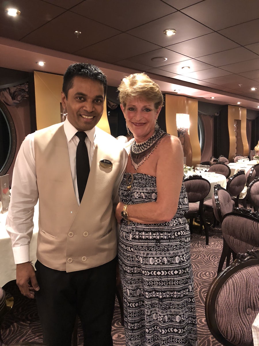 Our Dinner waiter, Dhapam.  This was his second week on the ship.  He was nervous the first night, but after that, the waiters were fighting o get our table.  We were laughing and having fun - All without alcohol!  He was wonderful!