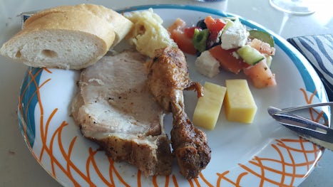 A typical Windjammer lunch plate for me: roasted pork, roasted chicken, Gre