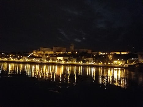 View from our ship of Budapest at night.