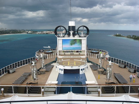 Aft, showing zip lines, docked at Nassau.