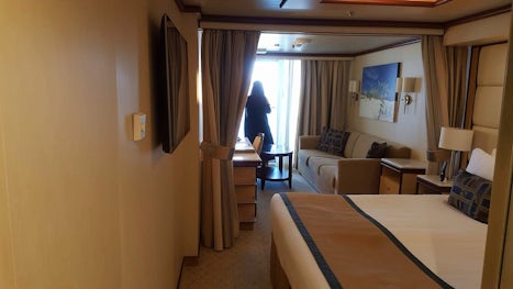 Hard to take a good photo of the stateroom. We always prefer a mini suite. You get 2 flat panel tvs, a living room with a sleep sofa, bedroom, balcony, complimentary glass of champagne upon embarkation, turndown service with chocolates, and a good size bathroom with a shower/tub combination.