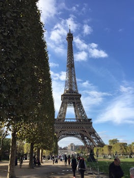 Beautiful Fall day at the Eiffel Tower on the day we boarded the Viking Kadlin for the cruise on the Seine our to the beaches of Normandy.