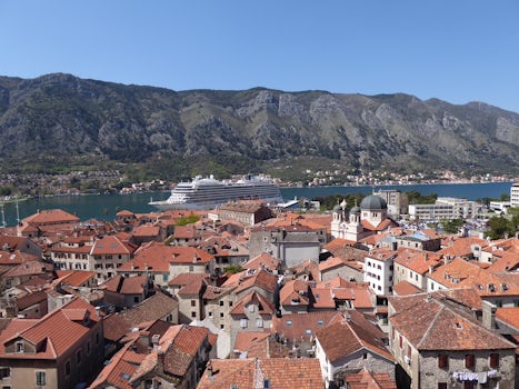 Viking Sea docked in the beautiful harbor of Kotor, Montenegro.