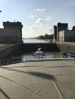 Coming through a lock, helping us continue our voyage on the Danube. With the help of the locks, many different landscapes and countries became a part of our journey.