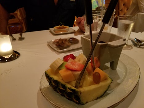 Lu Cucina. 
Chocolate fondue with assorted fruits. Ok.