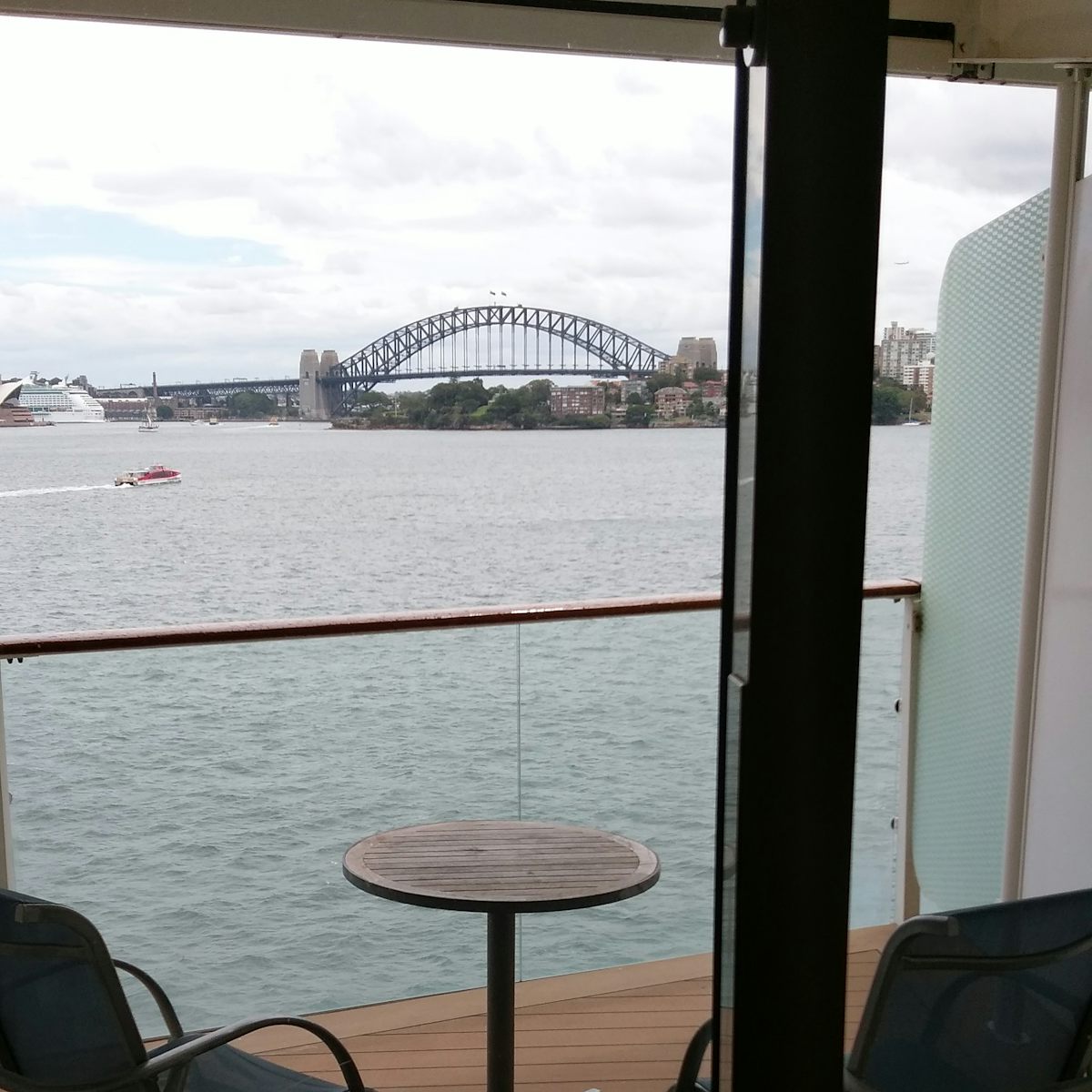 Sydney harbour bridge from our balcony stateroom.