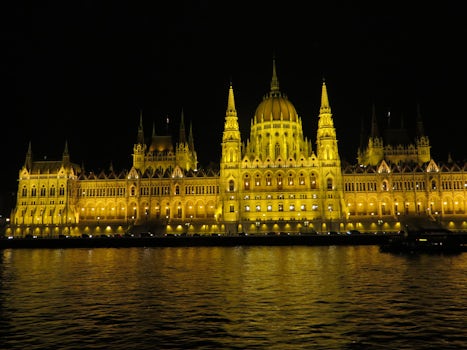Budapest nighttime sailaway most beautiful buildings lit up on the shorelin