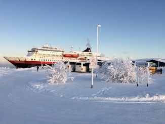 This is a photo of the ms finnmarken docked at kirkenes