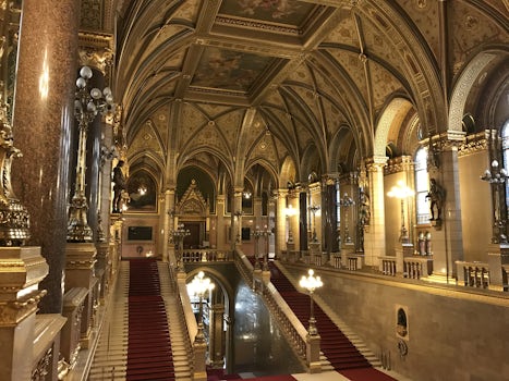 Beautiful interior of the grand staircase in the Hungarian Parliament in Bu