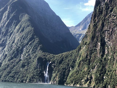 Scenic Cruise In New Zealand.  Waterfall . Fiordlan National Park.
