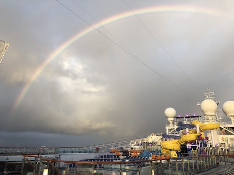 Rainbow over the Carnival Glory - looking at the water slides.