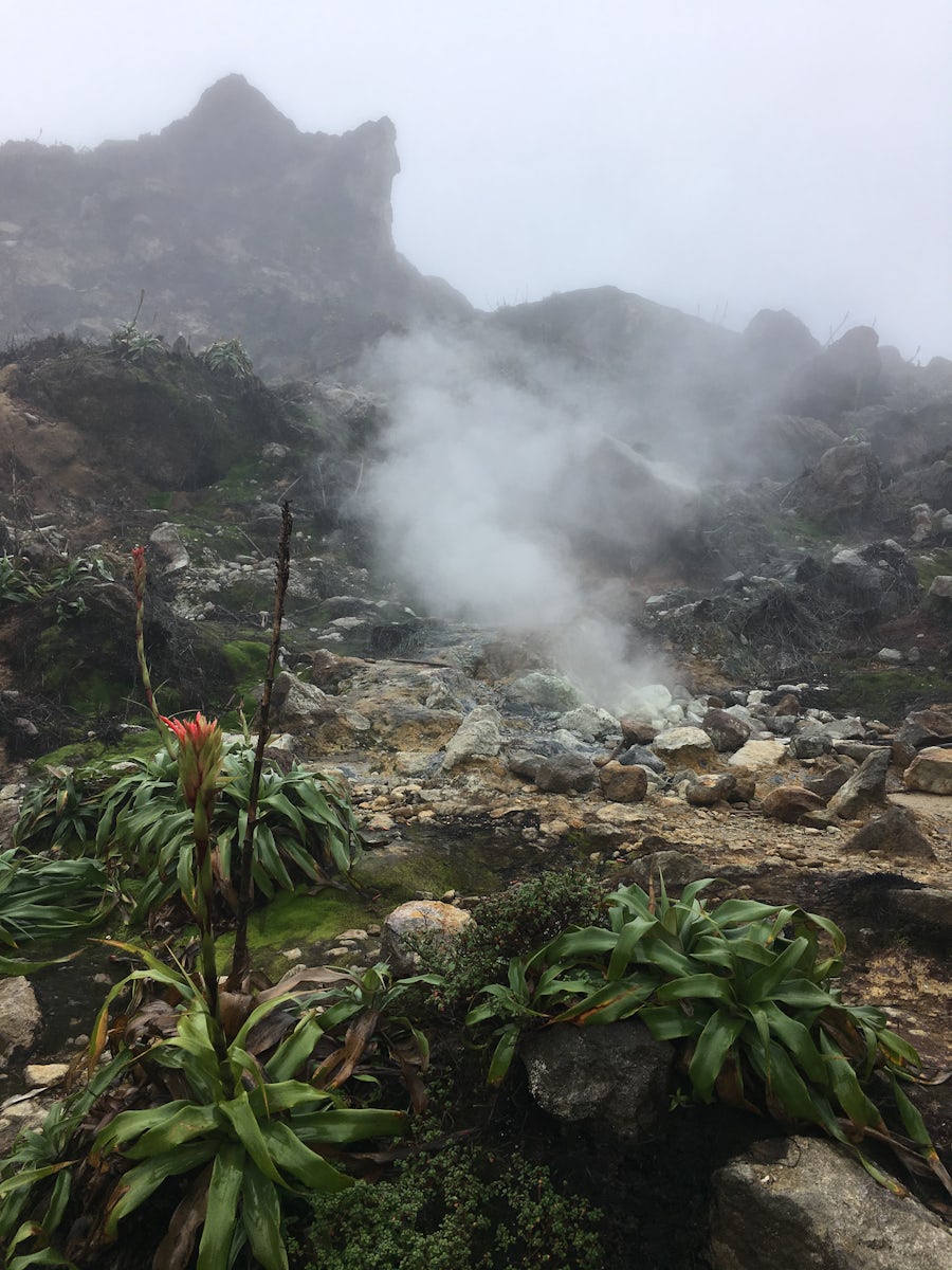 Smoking fumeroles in the crater of La Soufriere on Guadeloupe.