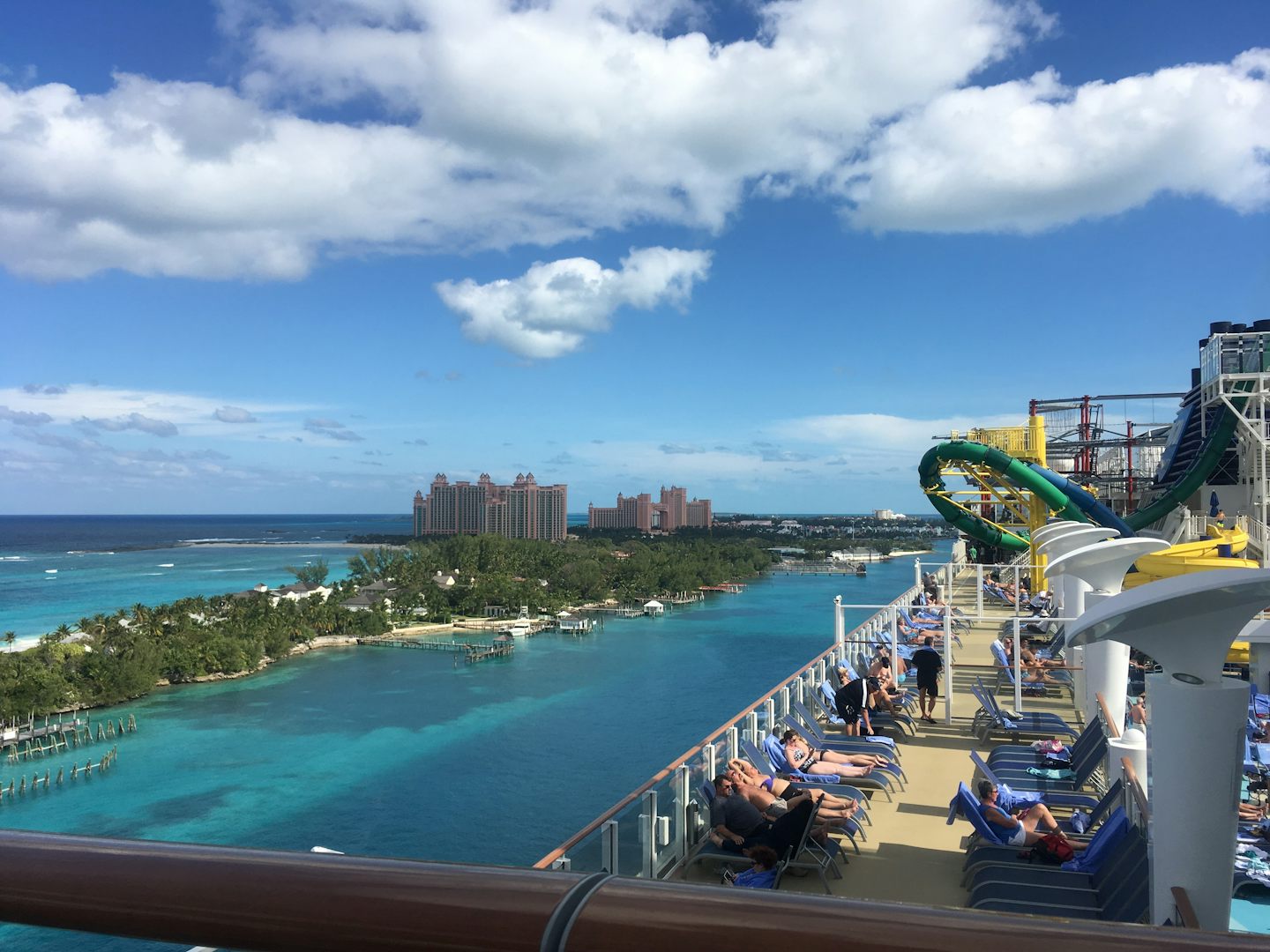Pool and sun decks looking toward Atlantis in Nassau.  Taken from the Haven