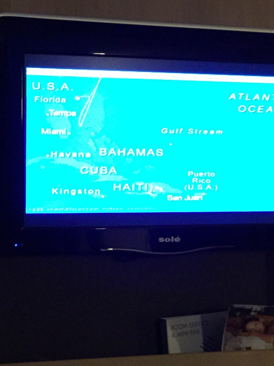 Picture of Tv showing us skipping ports and directon back to NY during Stor