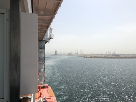 Departing Dubai port. Nice scenic view on the city skyline.