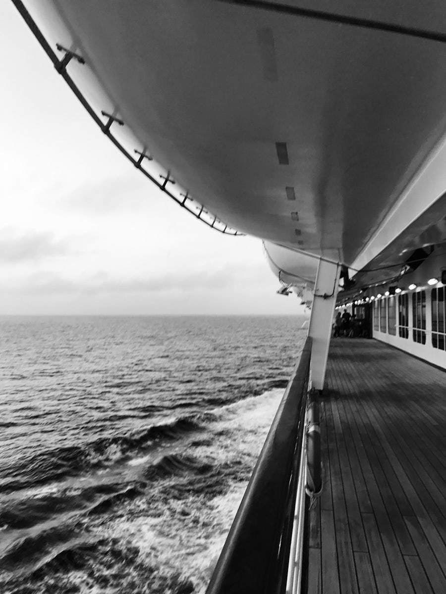 B&W photo looking back toward the aft of the ship