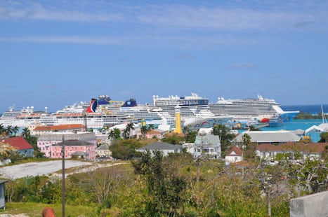 View of 3 NCL ships in Nassau - Breakaway, Epic, and Sun.  The Getaway arri