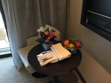 Stateroom welcome - live flowers that lasted all week and a fruit basket, a