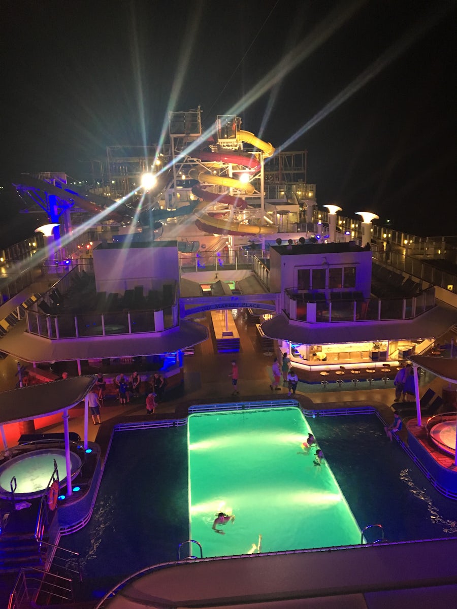 From the sun deck at night - only a few braved the wind to enjoy the pool.