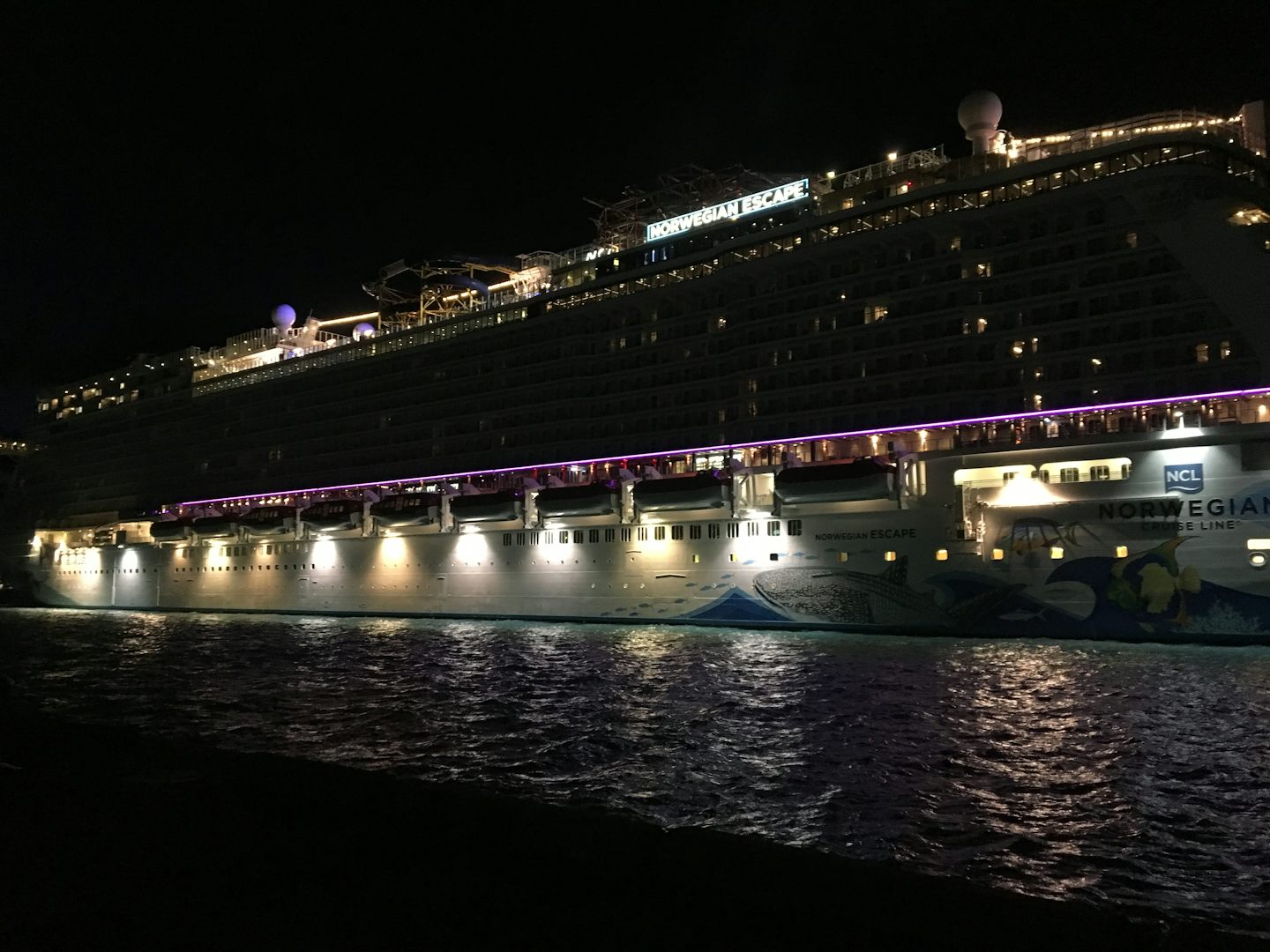 The ship at night in Nassau