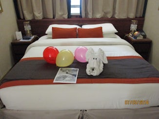 Our cabin, with card, balloons and dog made out of towels, kindly left by s