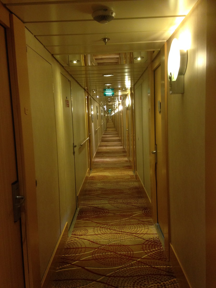 A photo, taken sideways of the long corridors back to our room