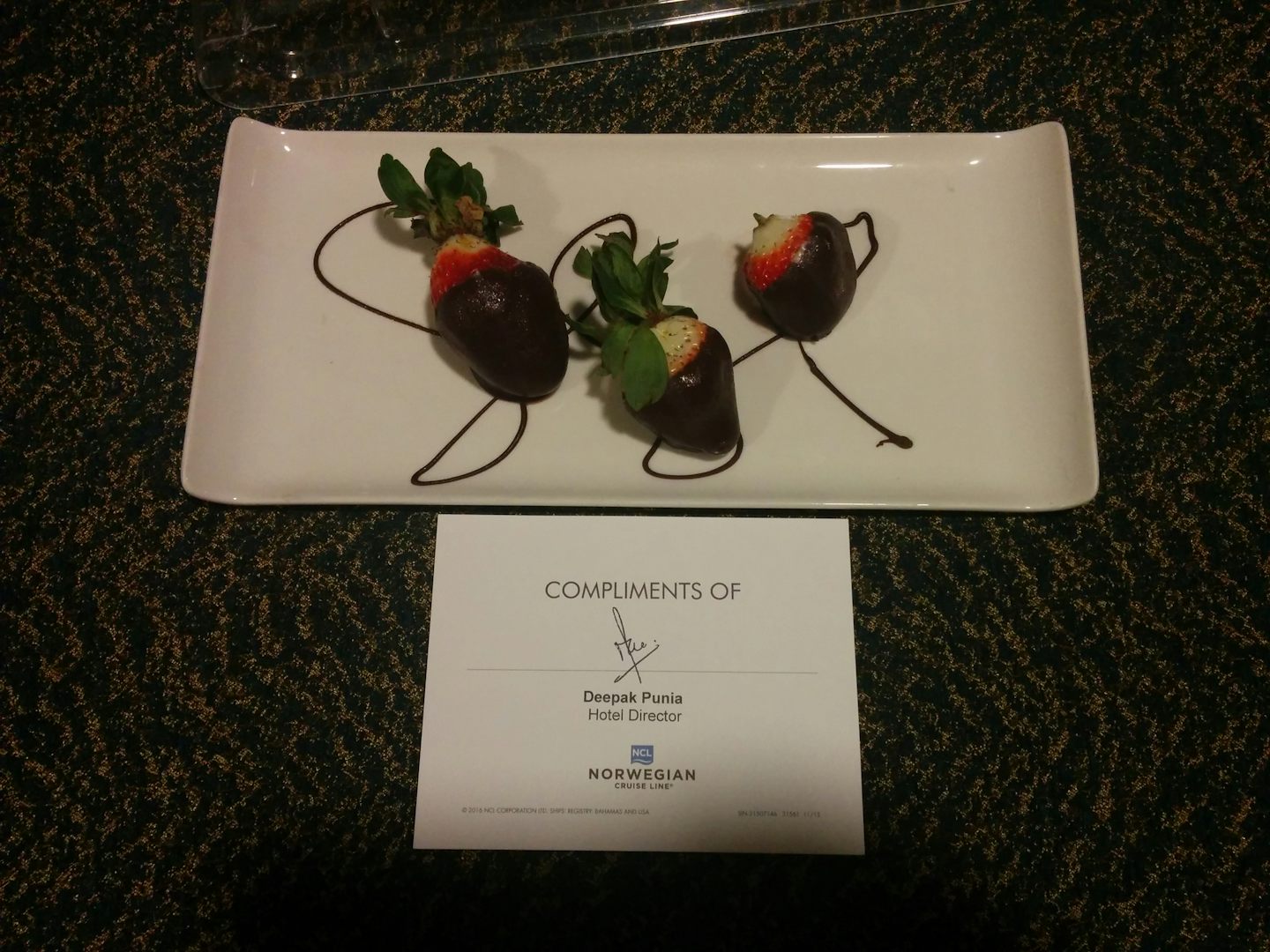 One of many delicious snacks sent to us from Deepak. Here is a pic of chocolate dipped strawberries, yummy!