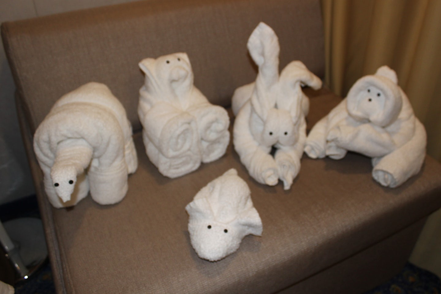 Our collection of towel animals at the end of the cruise.