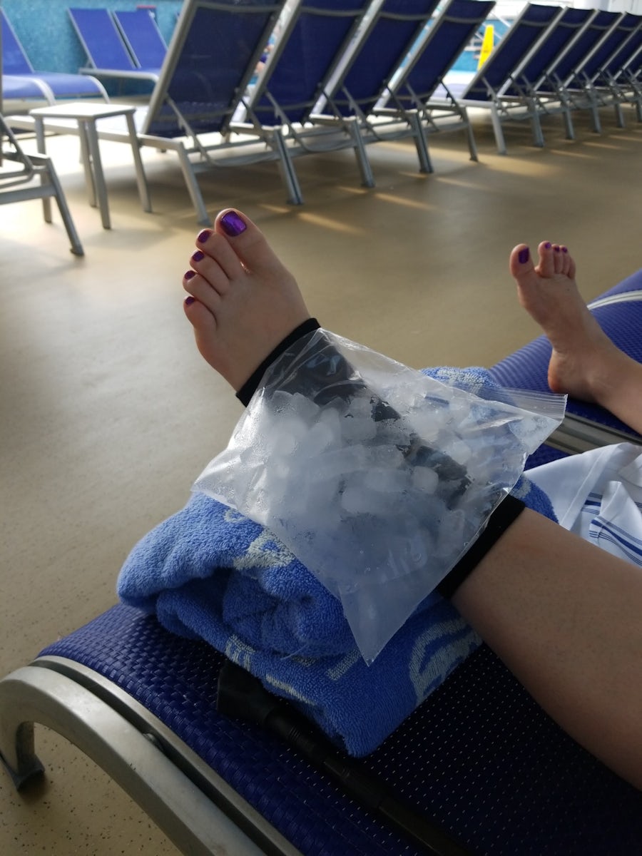 Wife's sprained ankle after hitting a wet spot in the Garden Cafe buffe
