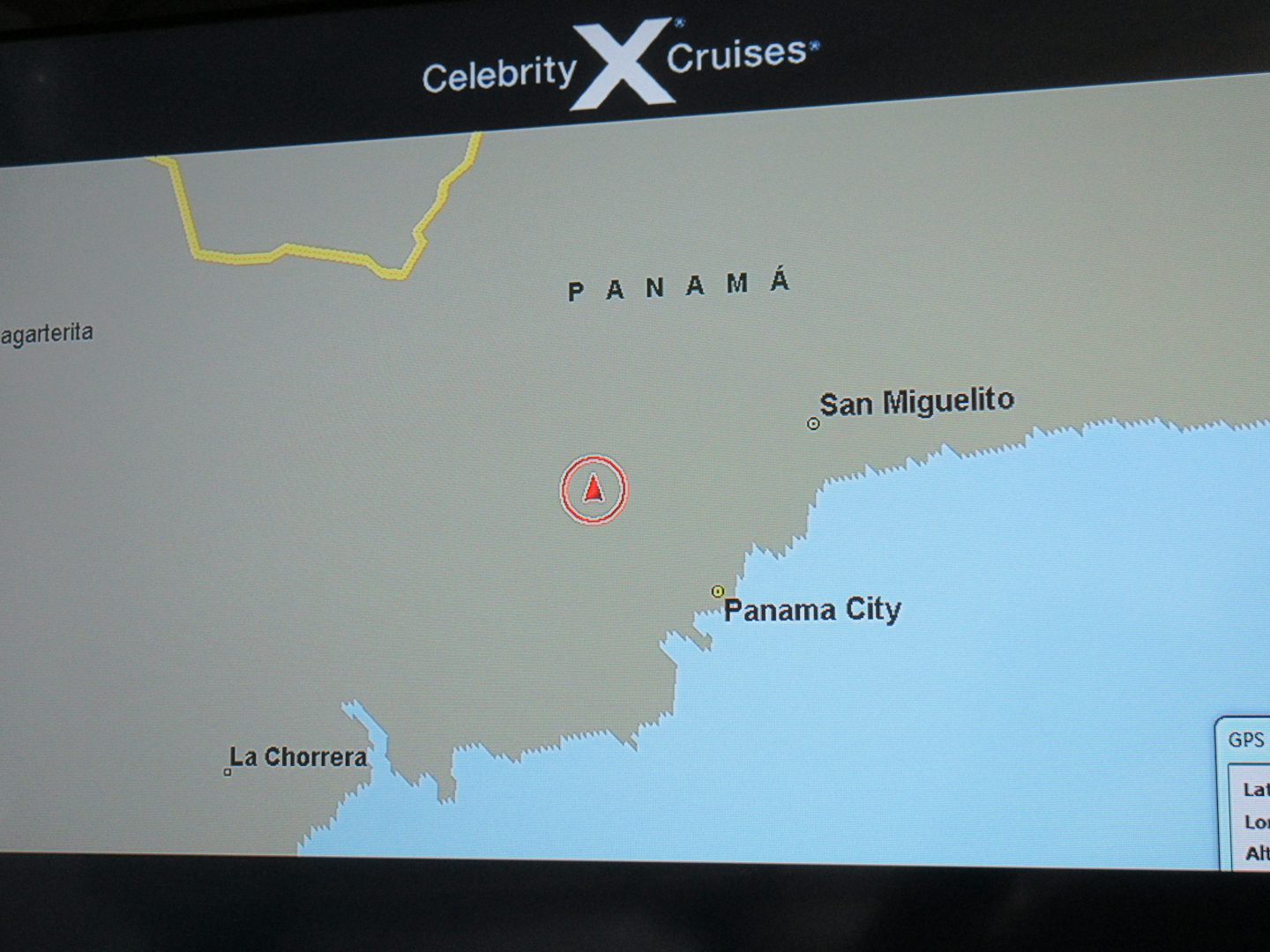 The TV GPS shows us driving across the Panama Canal.