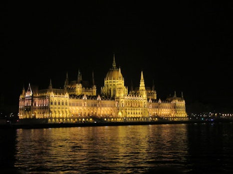 The beautifully lit Budapest Parliament building as seen when we entered Bu