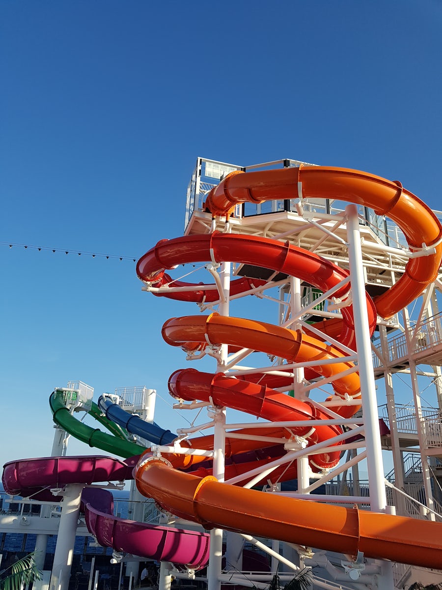 The waterslides, "The Whip" (red and orange) in the front of the pi