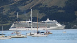 Celebrity Solstice at anchor in Akaroa harbour.