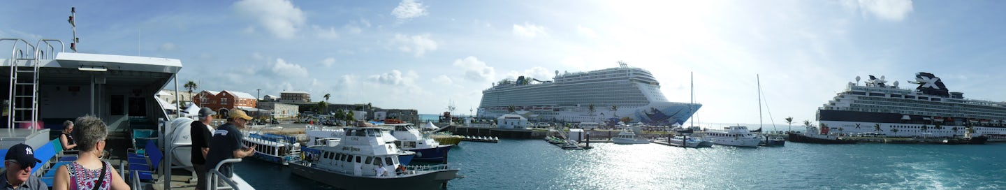 panoramic photo of NCL Escape and Celebrity Summit docked in Bermuda. We ha